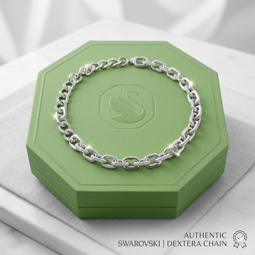 Swarovski Dextera Chain Necklace White Rhodium Plated Round Cut Crystal New Box