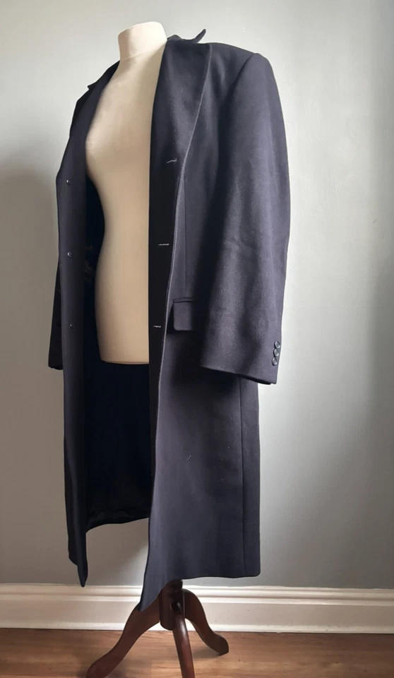Mens WOOL COAT 42 40 TRENCH ITALIAN FABRIC 35% cashmere lightweight navy MILANO - Image 4 of 4