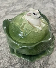 Vintage Cabbage Covered Bowl Serving Ceramic Bunny Rabbit Holland Mold Easter