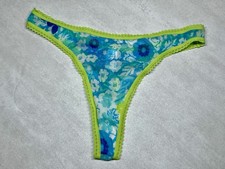 Vintage Victoria  s Secret PINK Sheer Mesh Thong  Blue Floral Lime Trim L New