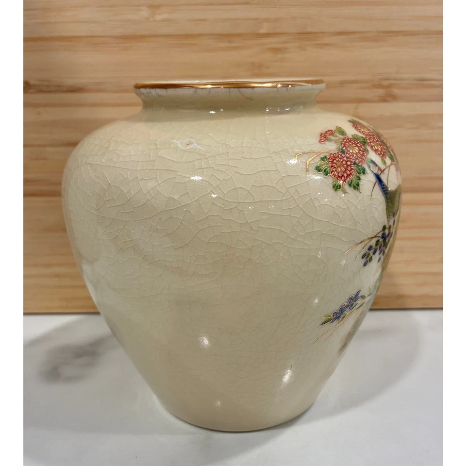 Japanese Satsuma Vase w/ Crackled Glaze & Hand Painted Peacocks & Lotus Flowers  - Image 3 of 4