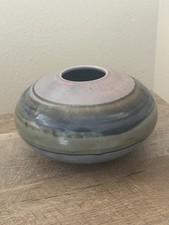 Studio Pottery Squat Vase Artist Signed Round Brown Light Purple