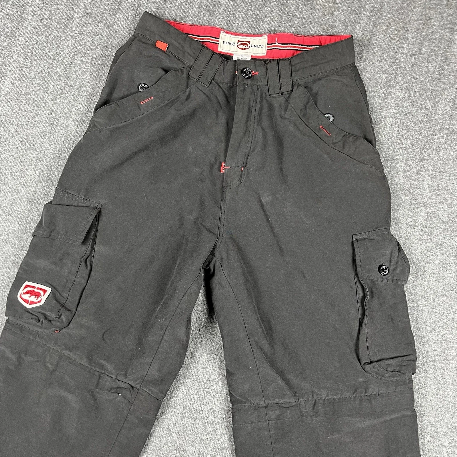 VTG Y2K Ecko Pants/Shorts Men 30x29" BLK Rhino Baggy Utility Cargo Convertible