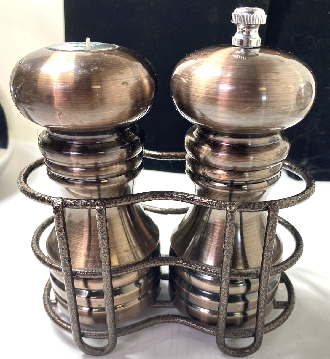 dark copper color Burnish Salt And Pepper Grinder Specialties Chef with caddy