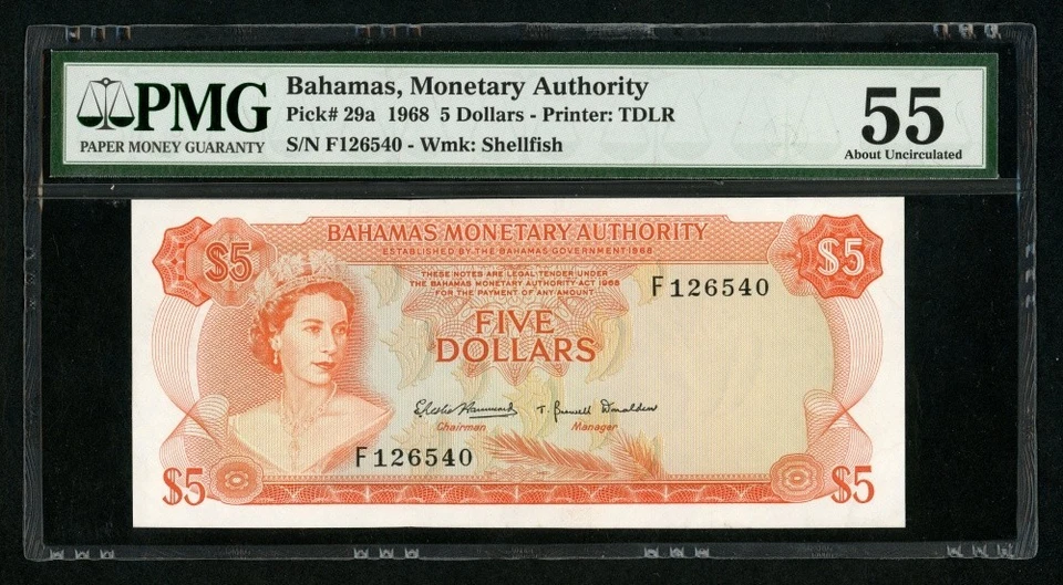 1968 Bahamas Monetary Authority 5 Dollars Banknote Pick 29a Queen Elizabeth AU55 - Image 2 of 3
