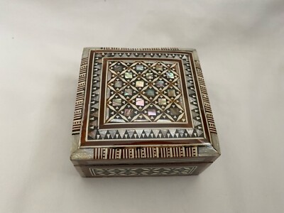 Egyptian Inlaid Wooden Square Mother of Pearl Shell Jewelry Box