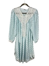 Vintage Carole Hochman Nightgown Blue Woman M Lace Buttons Long Sleeves