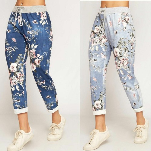Ladies Floral Rose Printed Turn Up Casual Jogger Bottoms - Picture 2 of 4