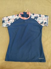 Eddie Bauer Rashguard Swimsuit Top Large Girls 14/16 Floral Blue