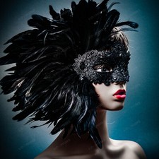 Mardi Gras Women Costume Mask Masquerade Side Feathers Venice Carnival Venetian