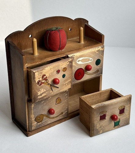 Vintage Sewing Box Cabinet Wood Wall 4 Drawers Pin Cushion Spool Holders Japan - Picture 2 of 13