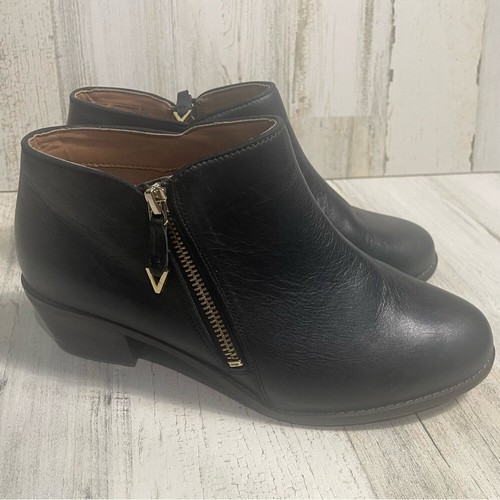 Vionic Jolene Ankle Boot Black Leather Zip Up Bootie size 8 Gold Accent Comfort