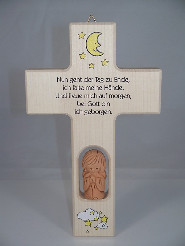 Kinder Holz Kreuz mit Schutzengel aus Ton & Gute Nacht Spruch neu. Taufe Geburt