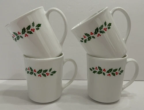 Vtg Corning Christmas Winter Holly Coffee Cups Hot Cocoa Tea Mugs Cups Set of 4