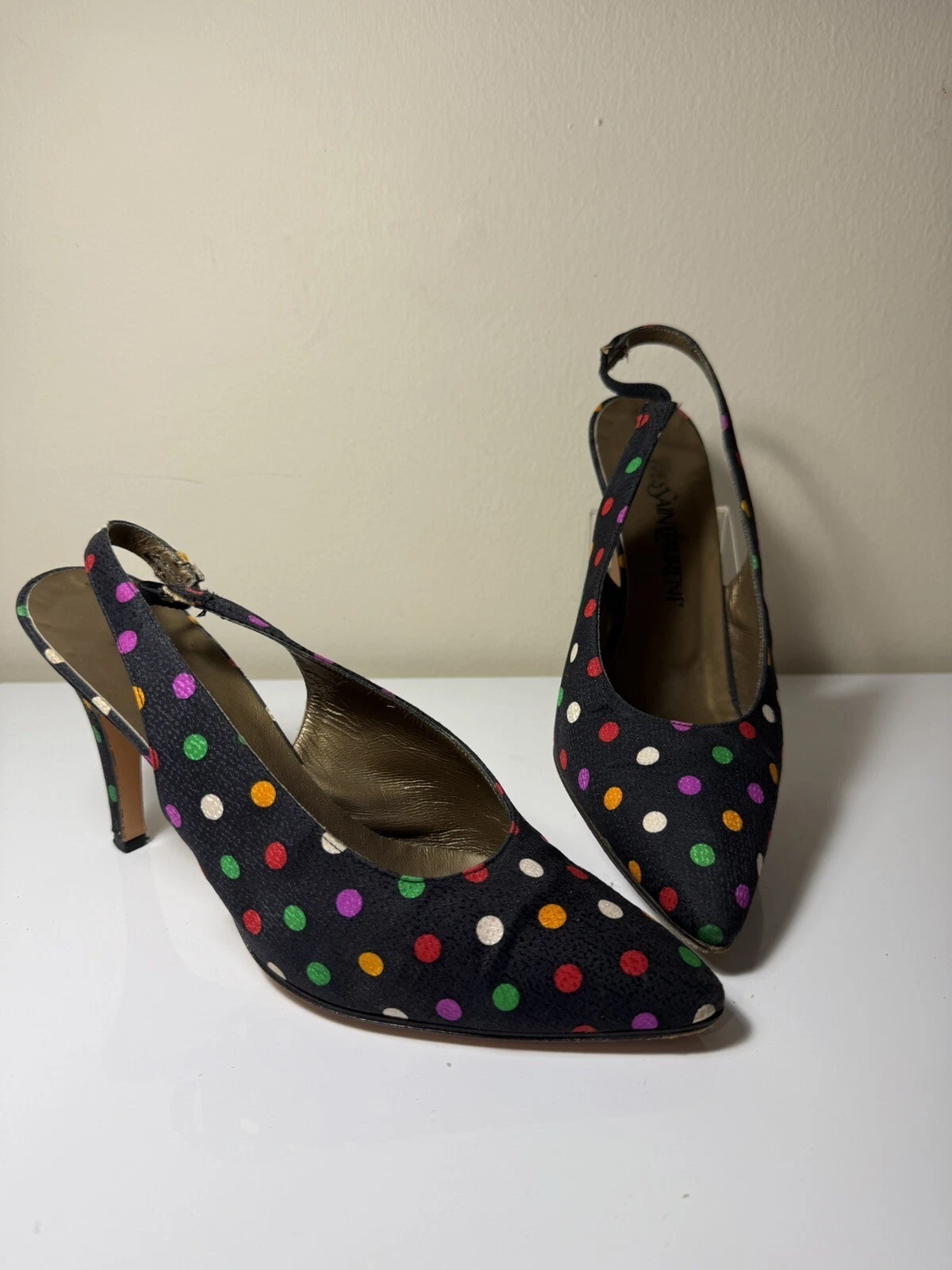 SAINT LAURENT (YSL) Sandalo YSL Saint Laurent tacco alto nero a pois tessuto pelle slingback 7 5