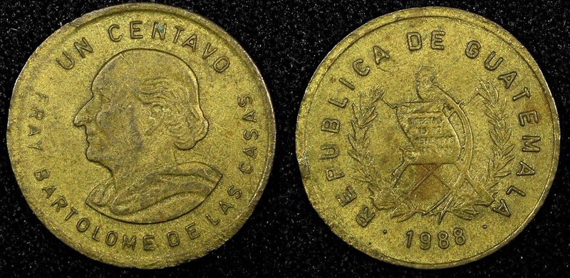 Guatemala Bartolome de las Casas Brass 1988 1 Centavo XF KM# 275.3  (24 466)