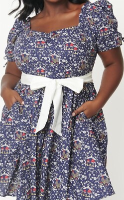 UNIQUE VINTAGE Navy Mushroom Botanica Print Dakota 50's Flare Dress Size LARGE*