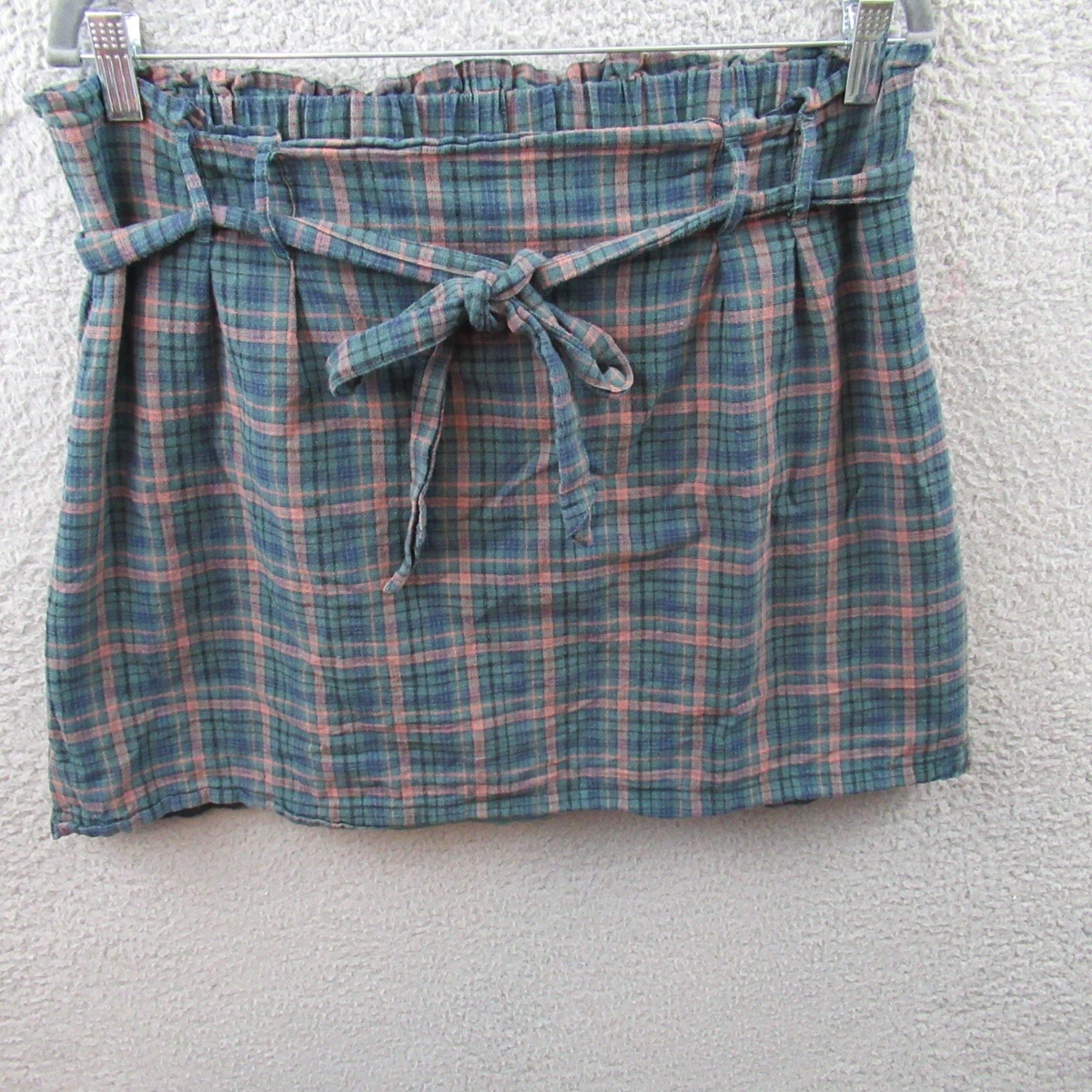 American Eagle Womens Skirt XL Green Plaid Short Belted Paperbag