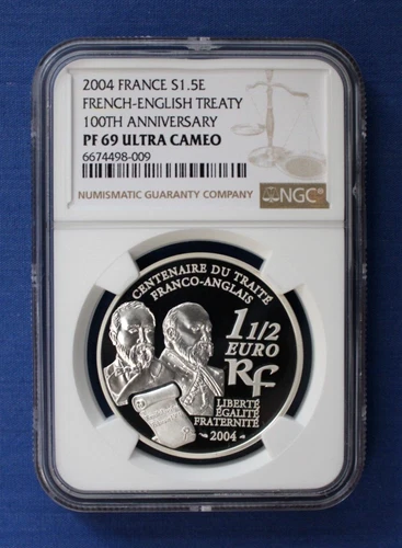2004 France Silver Proof 1.5 Euro coin "Entente Cordiale" NGC PF69 with COA