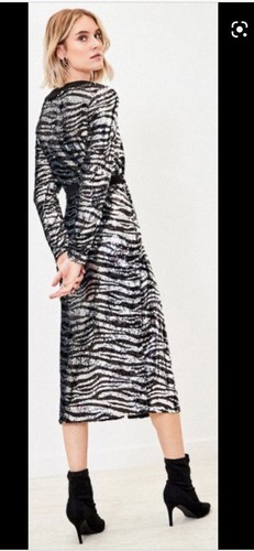 Oasis Zebra Print Silver Sequin Metallic Wrap MIDI Dress Small BNWT RRP £95! - Picture 5 of 12
