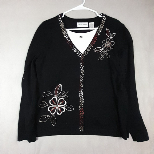 Alfred Dunner Shirt Womens Small black beaded Embroidered flowers cowl