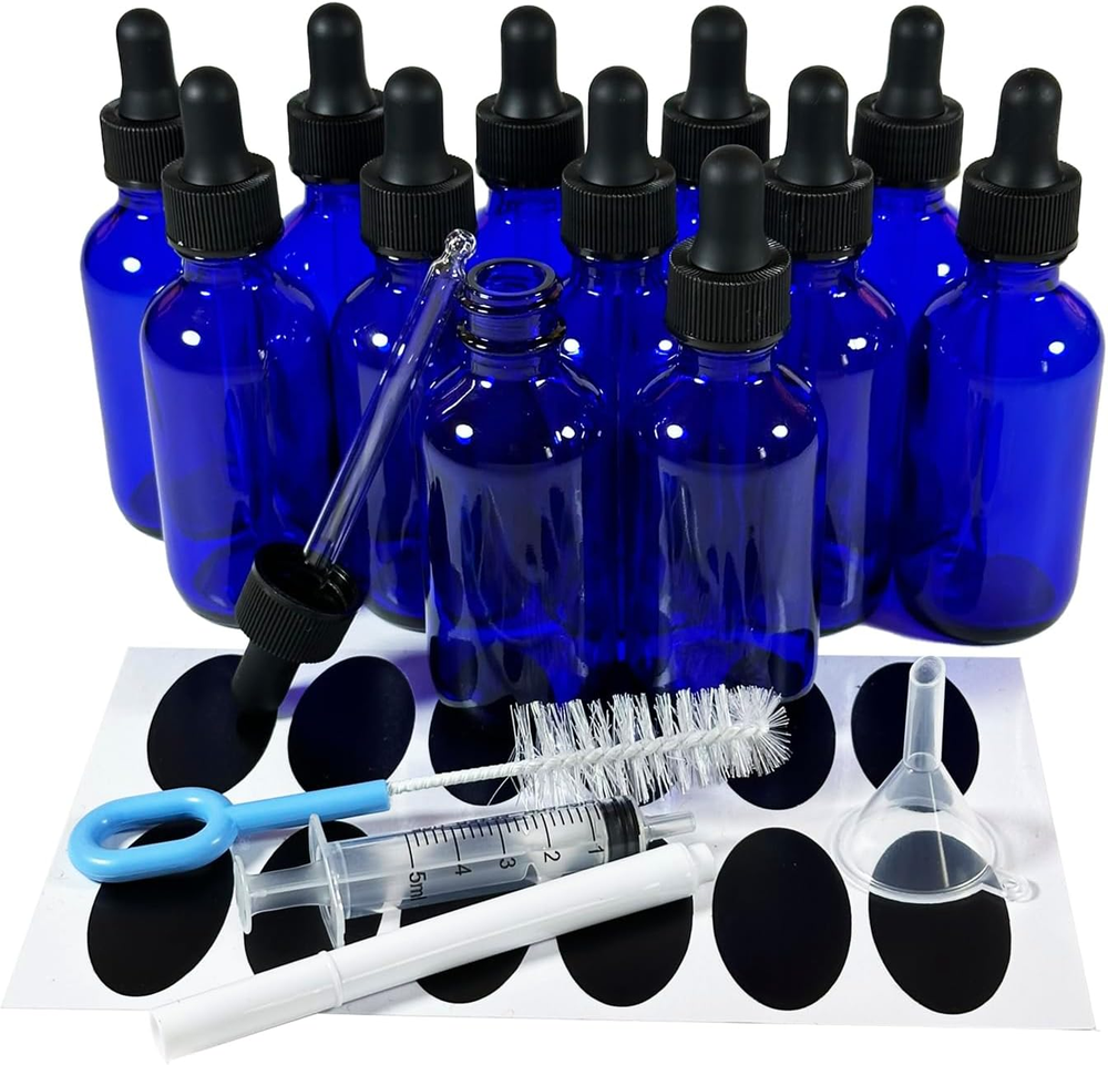 12Pack 2Oz (60Ml) round Drip Tip Glass Eye Droppers. Essential Oil Glass Bottle.