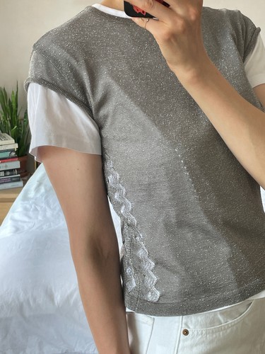 Dries Van Noten, DRIES VAN NOTEN vintage 90s silver metallic semi-sheer knit top M