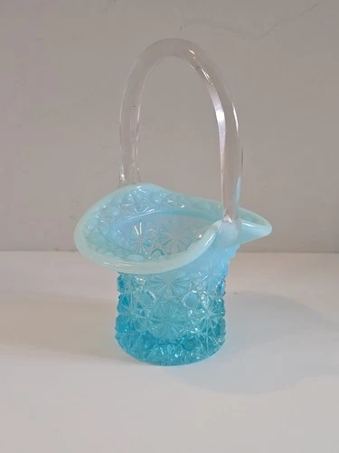 Fenton Blue Aquamarine Opalescent Crimped Basket Glass Bubbles Clear VTG