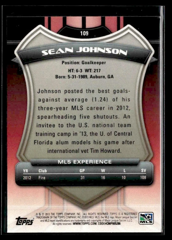 2013 Topps MLS #109 Sean Johnson - Image 2 of 2