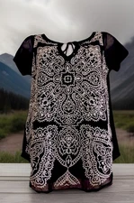 Inc Macy's Top S Stretch Knit Black White Embroidered Hippie Boho Shirt Blouse