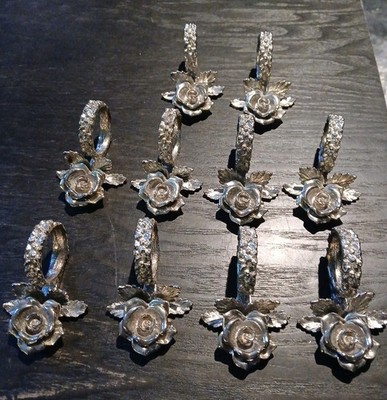 Princess House Vintage Silver Tone Rose Napkin Rings Placecard Holders