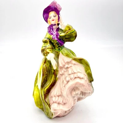 VTG Signed Grace Porcelain Lady Figurine 7.25" Green Purple Bonnet Victorian - Image 1 of 4