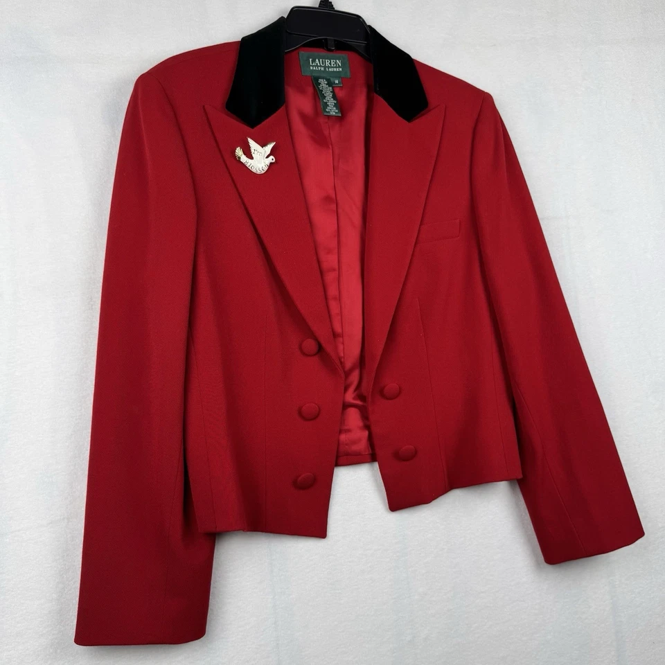 Blazer de lana recortada roja vintage Ralph Lauren para montar terciopelo negro talla 14 Foto 2 de 4