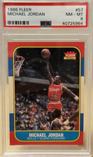 MICHAEL JORDAN  * PSA 8 *  ROOKIE CARD #57 *  1986 FLEER NBA BASKETBALL BULLS RC. rookie card picture