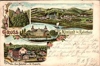 LITHO GRUSS AUS MINTARD MÜLHEIM RUHR GASTHAUS ZUM BAHNHOF 4 BILD COL. 1899