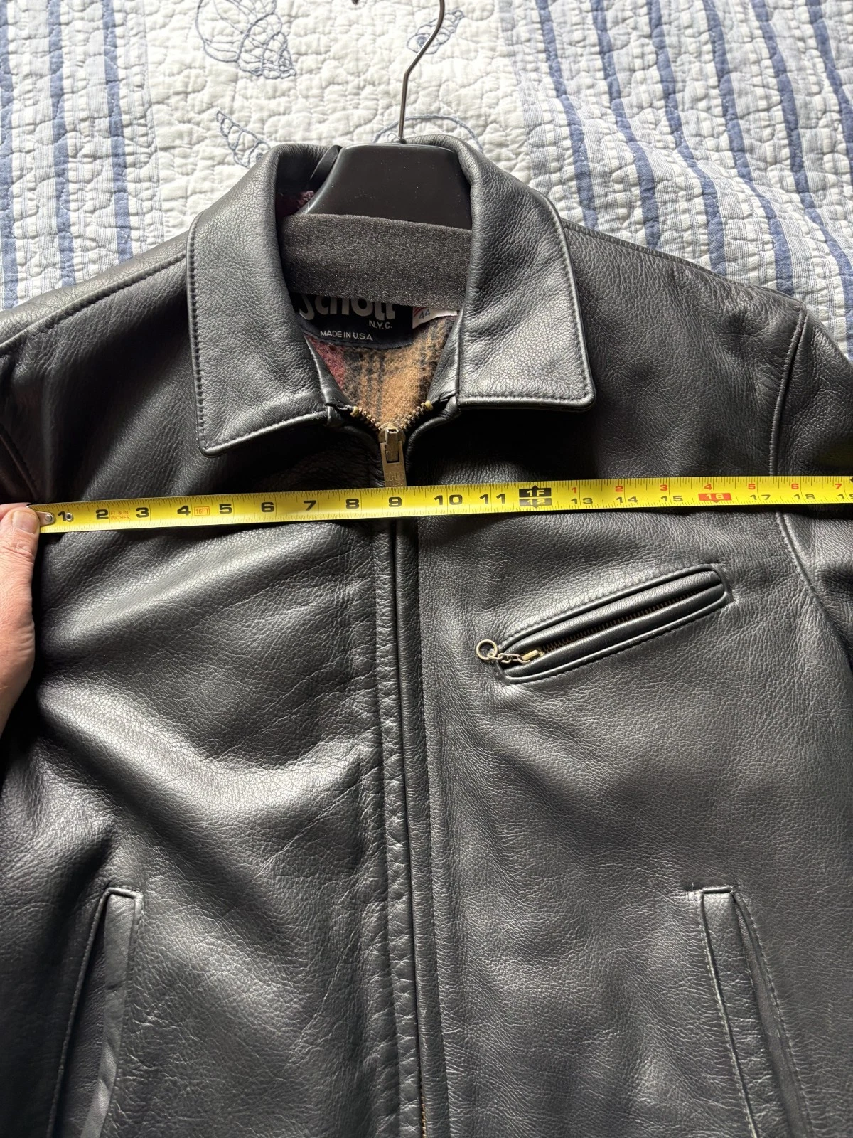 Schott 681 Leather Single Rider Jacket Size 44 Black Collar Flannel Tartan Lined image 2