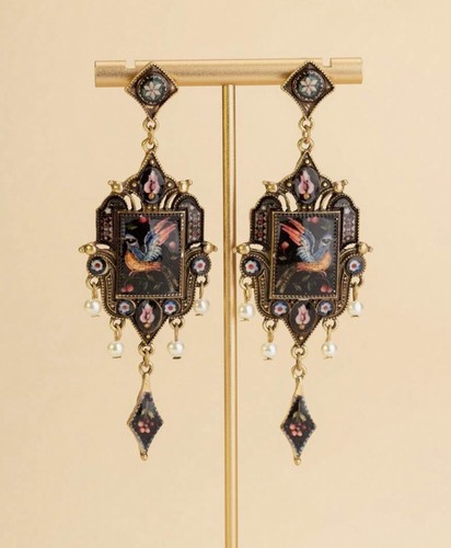 Firebird Bird Flower Earrings Pearl Art Museum Gold Court Mosaic VTG Palace