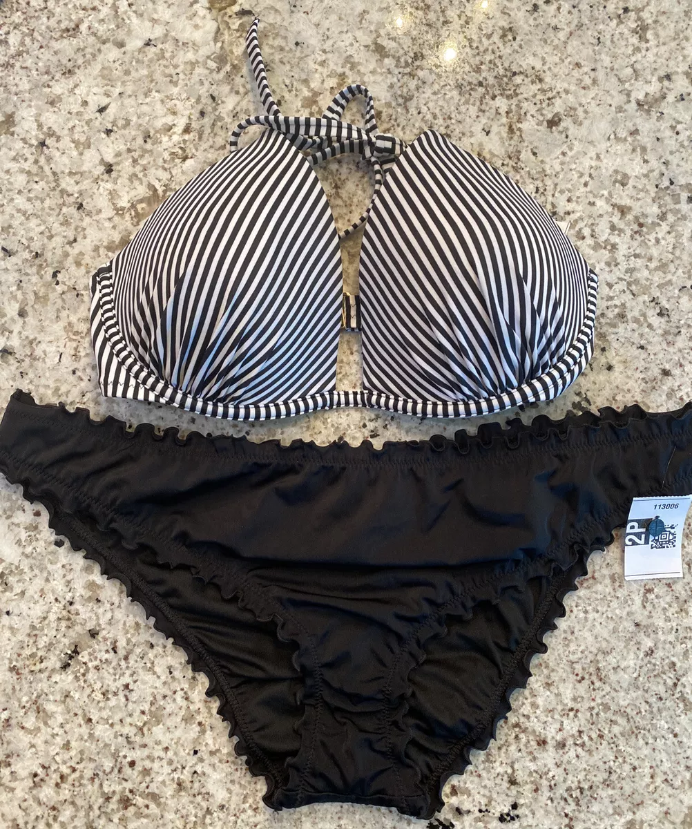 NWT Target Shade & Shore Black & White Striped Bikini Top 34DD Ruffle  Bottom XL!