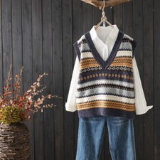 Women's Knitted Vest Tank Top Sweater Waistcoat Sleeveless V-neck Striped Nylon