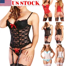 Sexy Women Corset Garters Lingerie Set Exotic Floral Lace Camisole Sleepwear US