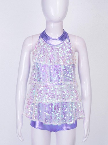 Kids Girls Halter Neck Shiny Sequins Tiered Dress Modern Jazz Latin Dancewear - 第 87/95 張圖片