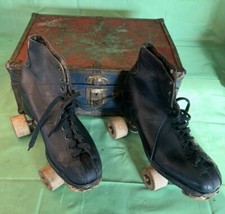 Antique Roller Skates w/Case 1914 Wood Wheels and stop Display Piece