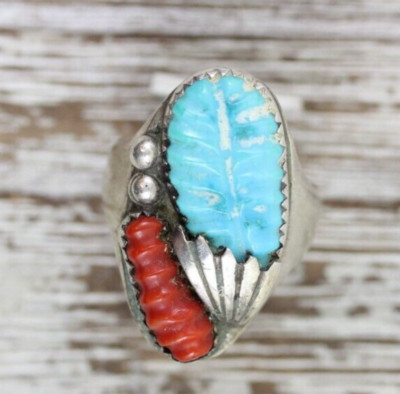 ZUNI OTHOLE ZMEN'S NATIVE AM INDIAN STERLING SILVER 925 TURQUOISE RING 11 1/4