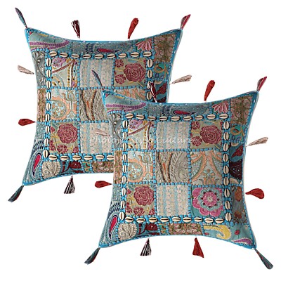 Patchwork Floor Pillows Cases Cowrie Shell Boho Room Decorative Cushion  Cover