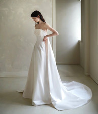 Satin Wedding Dresses A-Line Strapless With Detachable Train Lace Sleeves