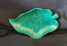 Italian Hand Carved Mid Century Modern Aqua Alabaster Leaf Trinket Dish Ashtray