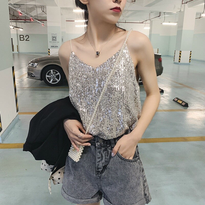Women Sequin Camisole Vest Crop Tank Sparkle Shining Shirt Glitter