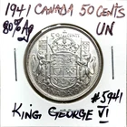 1941 Canada 50 Cents  Lovely Uncirculated King George VI 80% Silver Fifty Cents