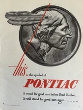1944 Pontiac Symbol Pearl Harbor Good Cars WW II Indian Coin Vintage Print Ad