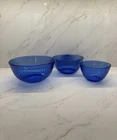 Vintage Pyrex Cobalt Blue Ribbed Glass Mixing Bowl Set Three Piece